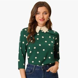 Allegra K Green Polka Dot Blouse with White Collar